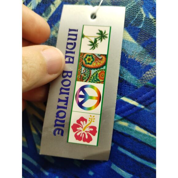 NWT India Boutique One Size Blue Palm Tree Embellished Asymmetric Hem Tank Dress - Picture 7 of 9